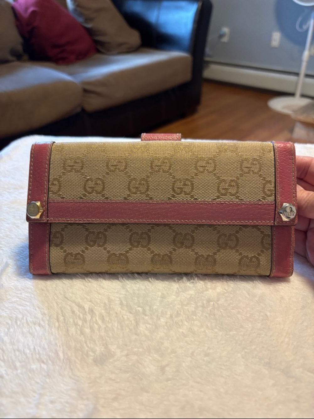 Gucci Beige Canvas Wallet with Pink Leather Trim